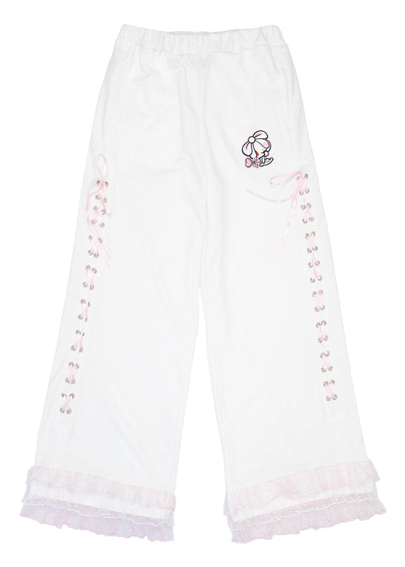 ACDC Rag Hanyo Usagi Chax Bunny White Pants in white and pink with ribbon lace-up side detail on rave festival pants — front flat lay