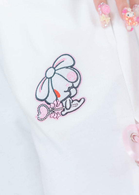 ACDC Rag Hanyo Usagi Chax Bunny White Pants in white and pink with heart wand embroidered pocket on rave festival pants — pocket detail