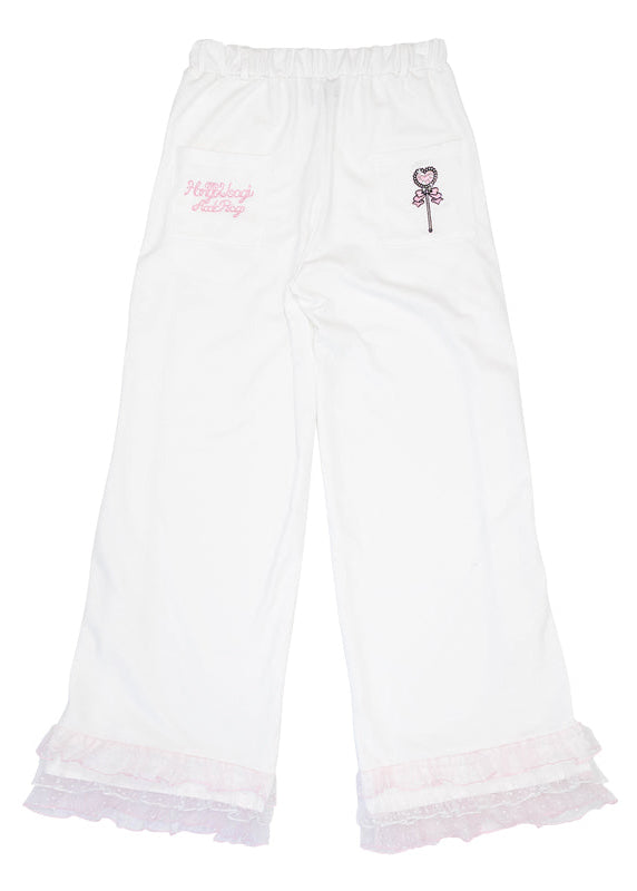 ACDC Rag Hanyo Usagi Chax Bunny White Pants in white and pink with layered mesh ruffle hem on rave festival pants — back view