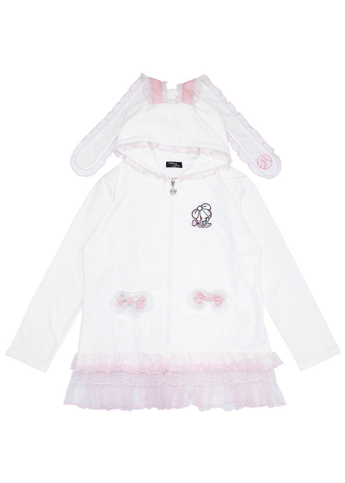 ACDC Rag Hanyo Usagi Chax Bunny White Zip Up Hoodie in white with embroidered Chax bunny graphic on rave festival hoodie — front flat lay