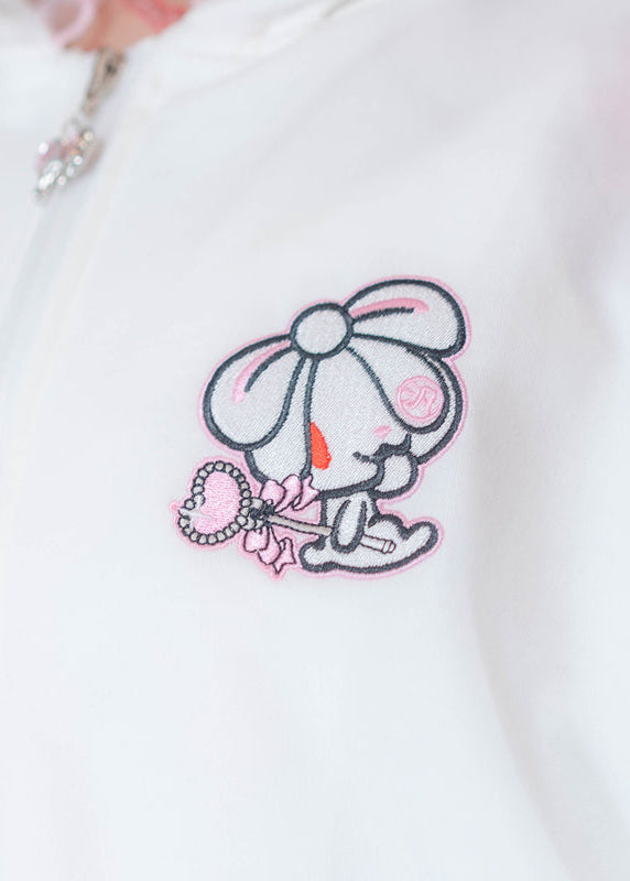 ACDC Rag Hanyo Usagi Chax Bunny White Zip Up Hoodie in white with front zipper closure on rave festival hoodie — zipper detail