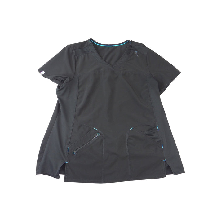 Healing Hands Black V Neck Mesh Panel Scrub Top Zipper Pocket Short Sleeve0