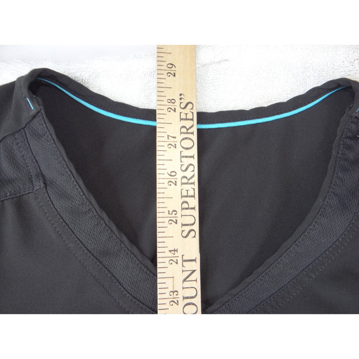 Healing Hands Black V Neck Mesh Panel Scrub Top Zipper Pocket Short Sleeve2