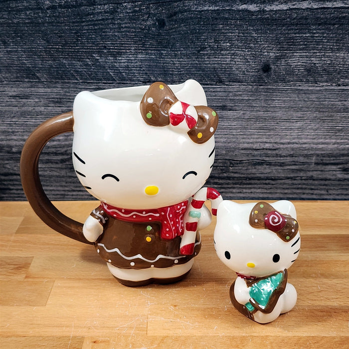 Hello Kitty Gingerbread Coffee Mug & Matching Figurine Set Ceramic Cup Blue Sky