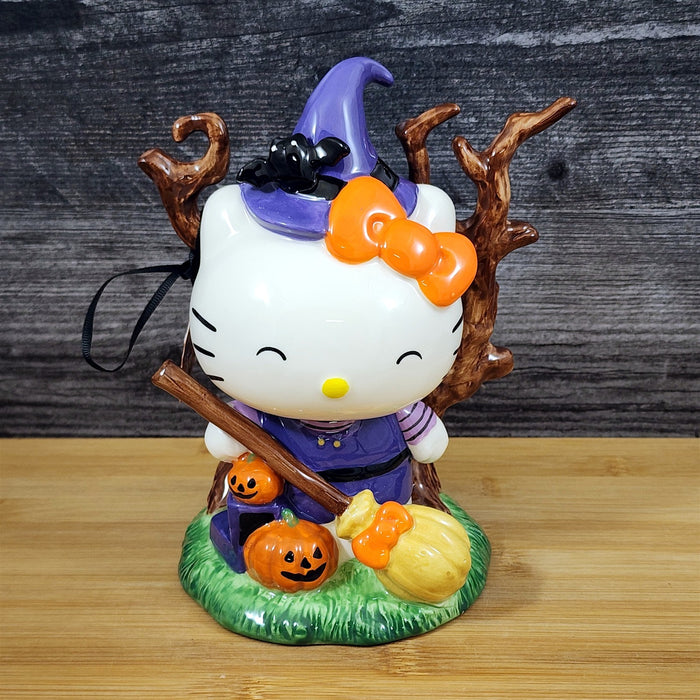 Hello Kitty Halloween Witch Figurine with Pumpkin Broom Ceramic Decor Blue Sky