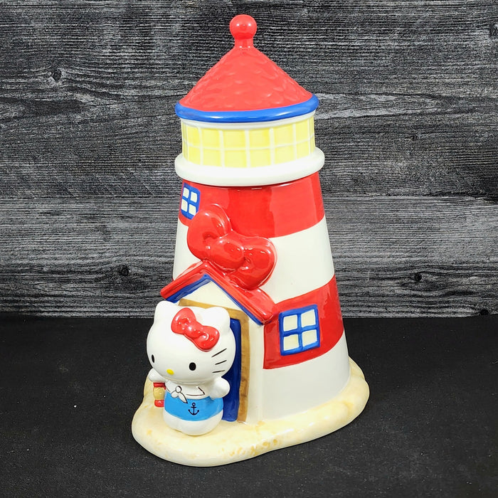 Hello Kitty Light House Cookie Snack Treat Jar Red and White Ceramic Blue Sky