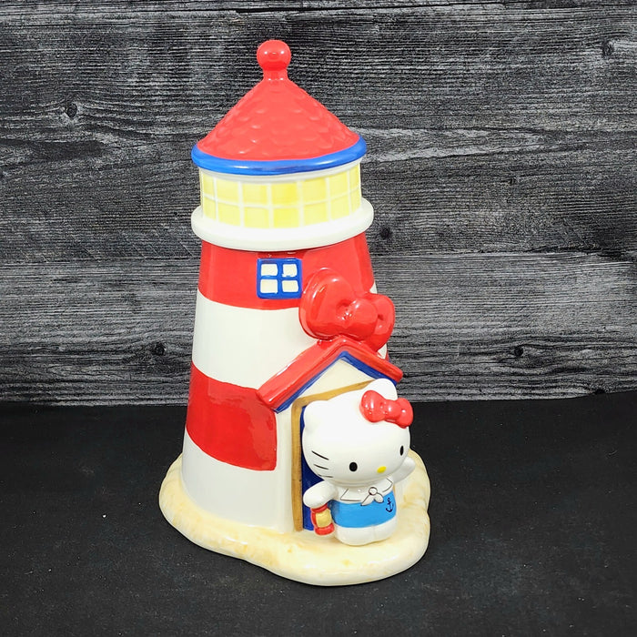 Hello Kitty Light House Cookie Snack Treat Jar Red and White Ceramic Blue Sky