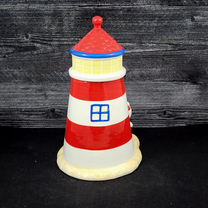 Hello Kitty Light House Cookie Snack Treat Jar Red and White Ceramic Blue Sky
