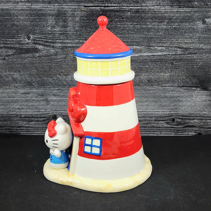 Hello Kitty Light House Cookie Snack Treat Jar Red and White Ceramic Blue Sky