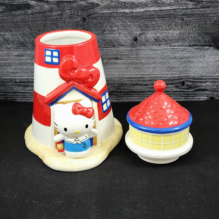 Hello Kitty Light House Cookie Snack Treat Jar Red and White Ceramic Blue Sky