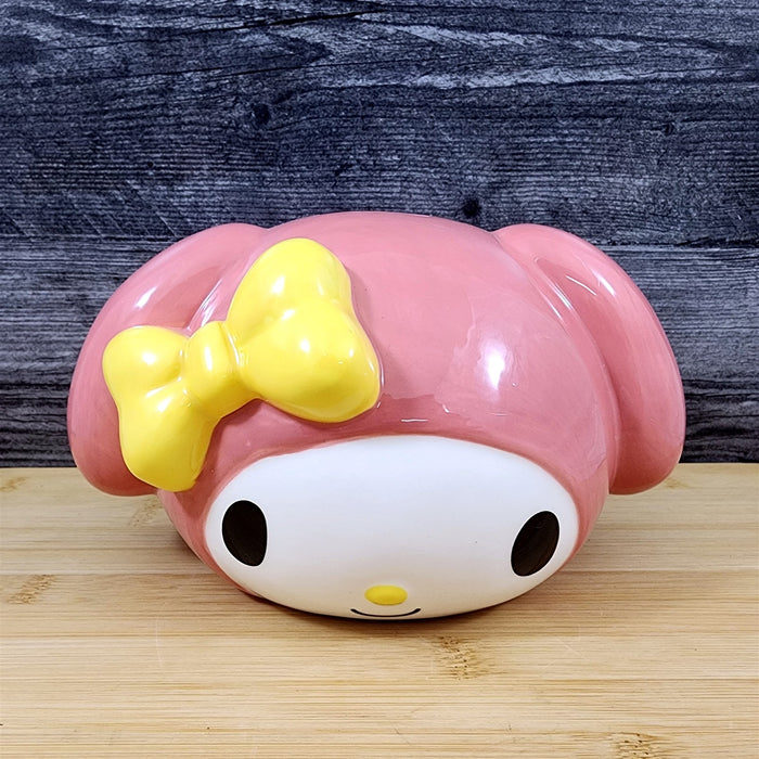 Hello Kitty My Melody Head Bank Ceramic Embossed Pink with Yellow Bow Blue Sky