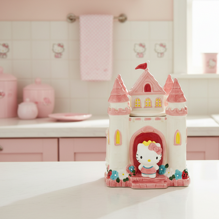 Pink castle with a small character inside on a dark background