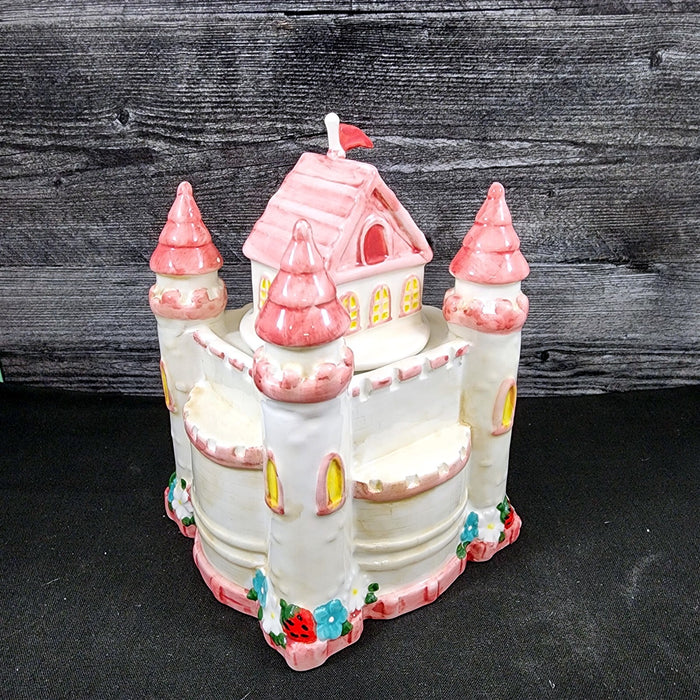 Hello Kitty Princess Castle Cookie Snack Jar Classic Ceramic Blue Sky Embossed
