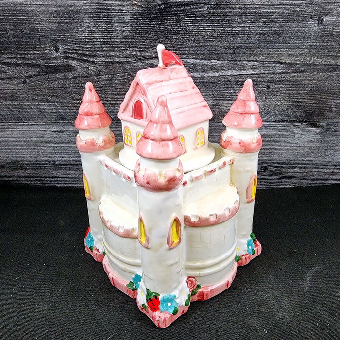 Hello Kitty Princess Castle Cookie Snack Jar Classic Ceramic Blue Sky Embossed