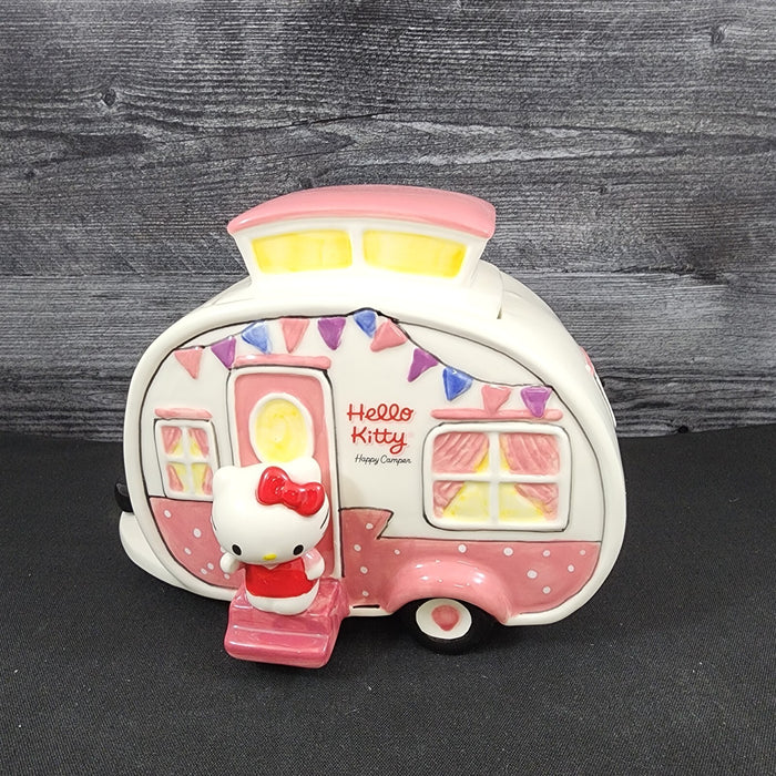 Hello Kitty Retro Camper Cookie Snack Jar Pink Ceramic Blue Sky Embossed Decor