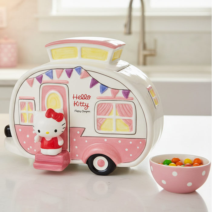 Hello Kitty Retro Camper Cookie Snack Jar Pink Ceramic Blue Sky Embossed Decor