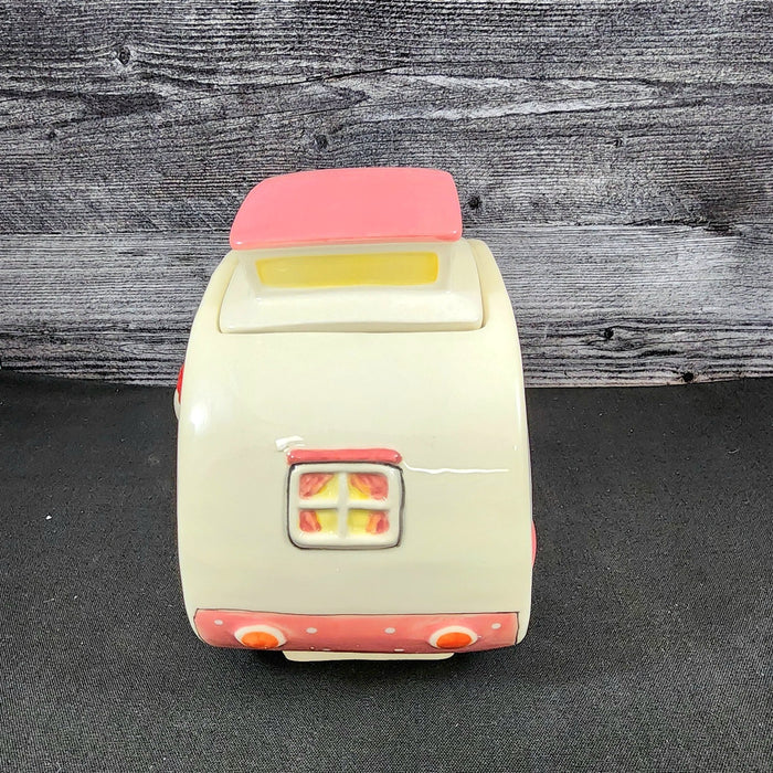 Hello Kitty Retro Camper Cookie Snack Jar Pink Ceramic Blue Sky Embossed Decor