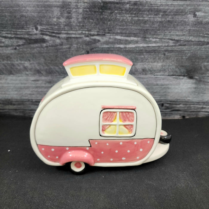 Hello Kitty Retro Camper Cookie Snack Jar Pink Ceramic Blue Sky Embossed Decor