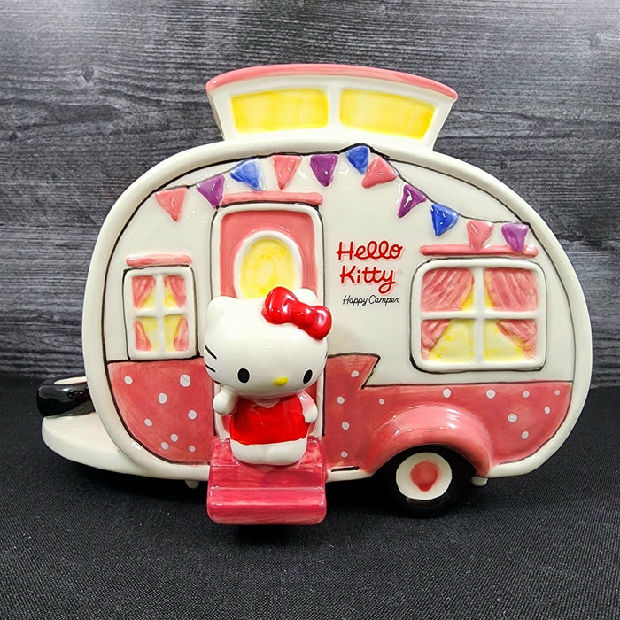 Hello Kitty Retro Camper Cookie Snack Jar Pink Ceramic Blue Sky Embossed Decor