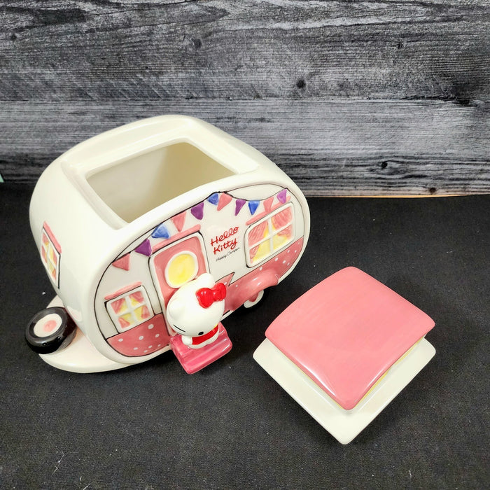 Hello Kitty Retro Camper Cookie Snack Jar Pink Ceramic Blue Sky Embossed Decor