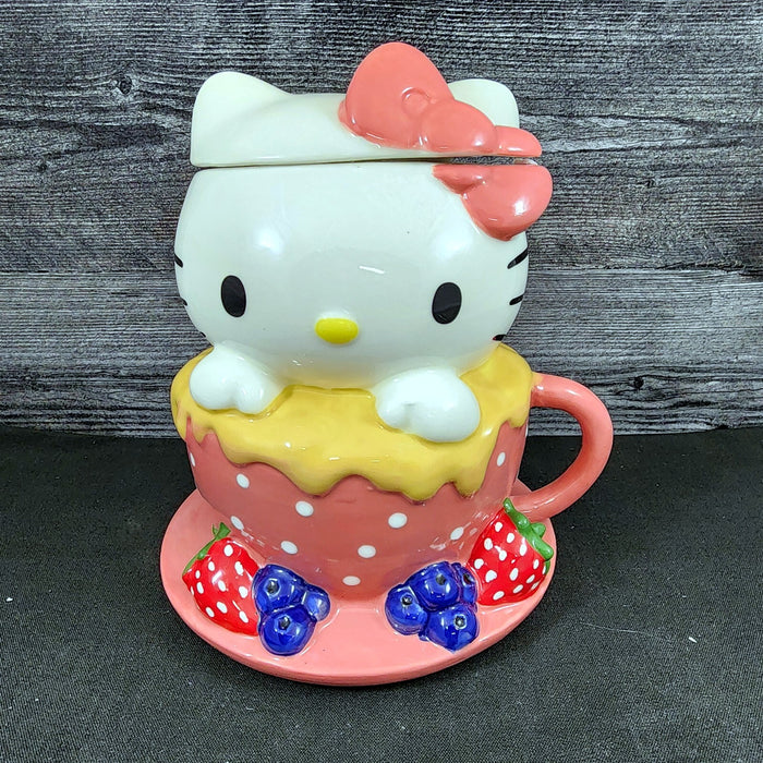 Hello Kitty Sweet Tea Cup Cookie Snack Jar Ceramic Blue Sky Embossed
