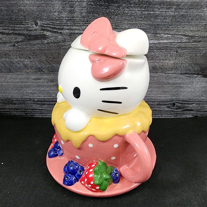 Hello Kitty Sweet Tea Cup Cookie Snack Jar Ceramic Blue Sky Embossed
