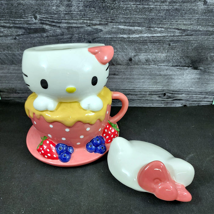 Hello Kitty Sweet Tea Cup Cookie Snack Jar Ceramic Blue Sky Embossed