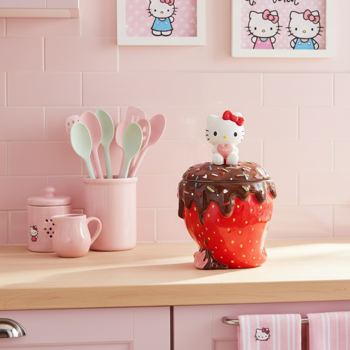 Cookie jar shaped like a strawberry with a Hello Kitty figurine on top against a wooden background