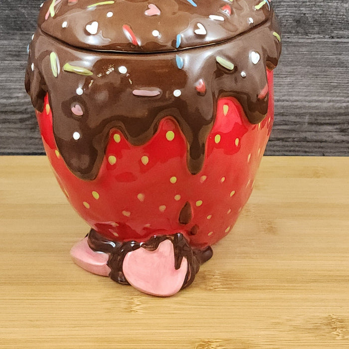 Hello Kitty with Strawberry Cookie Treat Jar Chocolate Covered Blue Sky Ceramic