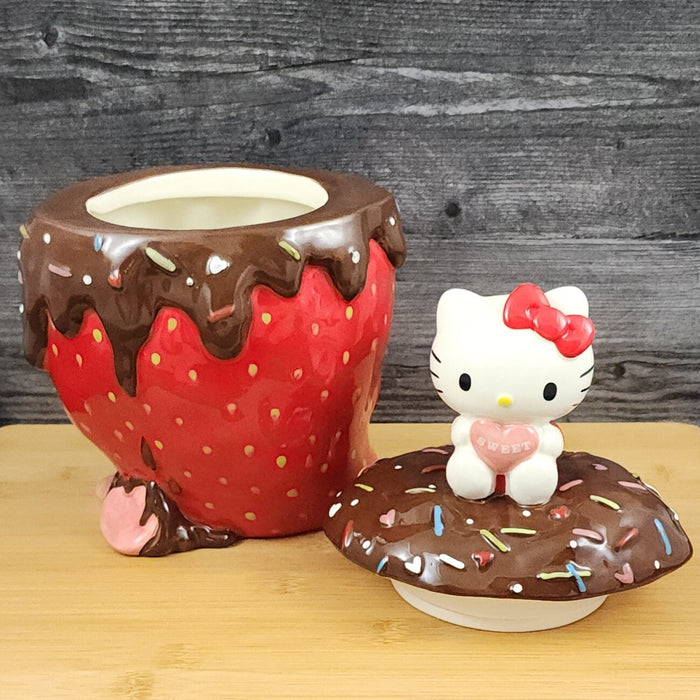 Hello Kitty with Strawberry Cookie Treat Jar Chocolate Covered Blue Sky Ceramic