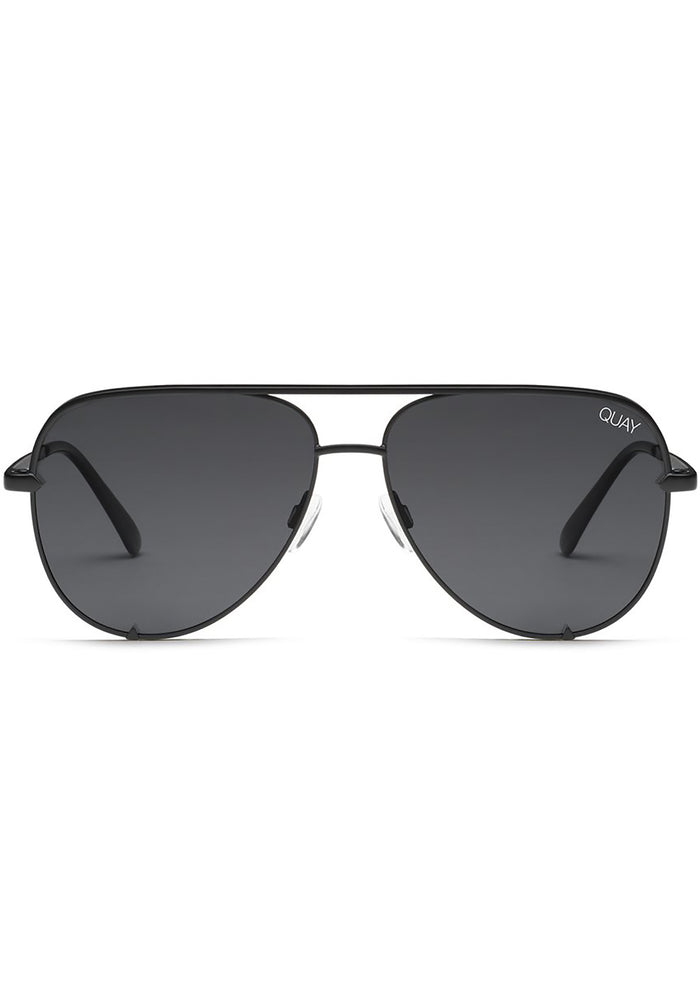 Quay Australia High Key Sunglasses in black with metal aviator frame and black smoke polarized lens on festival sunglasses — front view