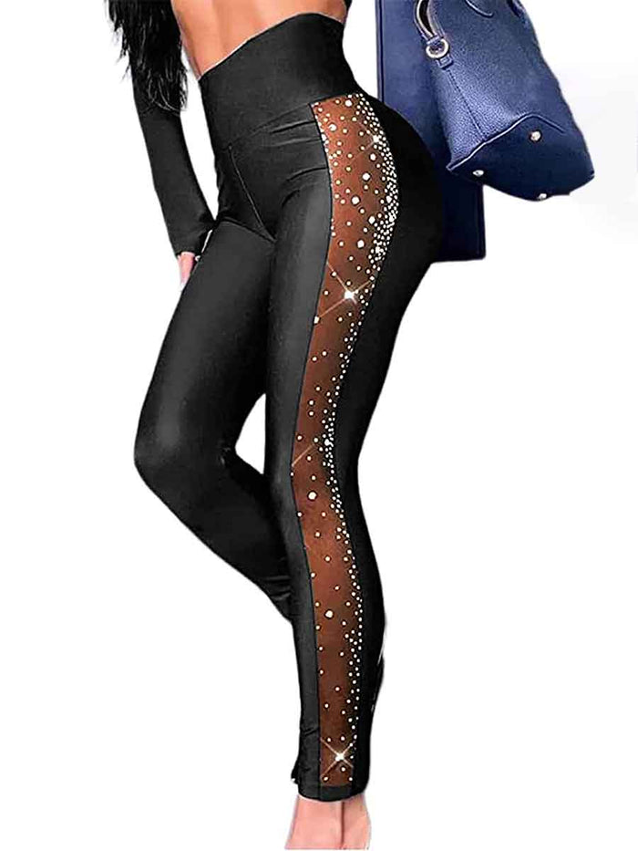 High Waist Black Pants With Rhinestones Down The Side