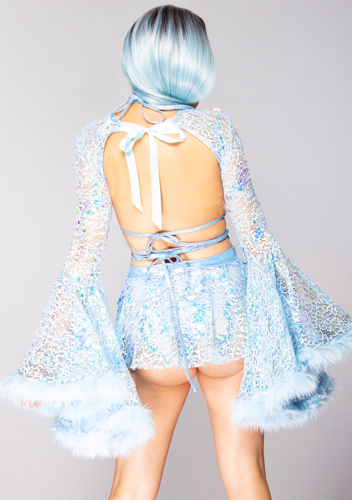 J Valentine Ice Queen Sequin Bell Sleeve Shrug in blue — back view