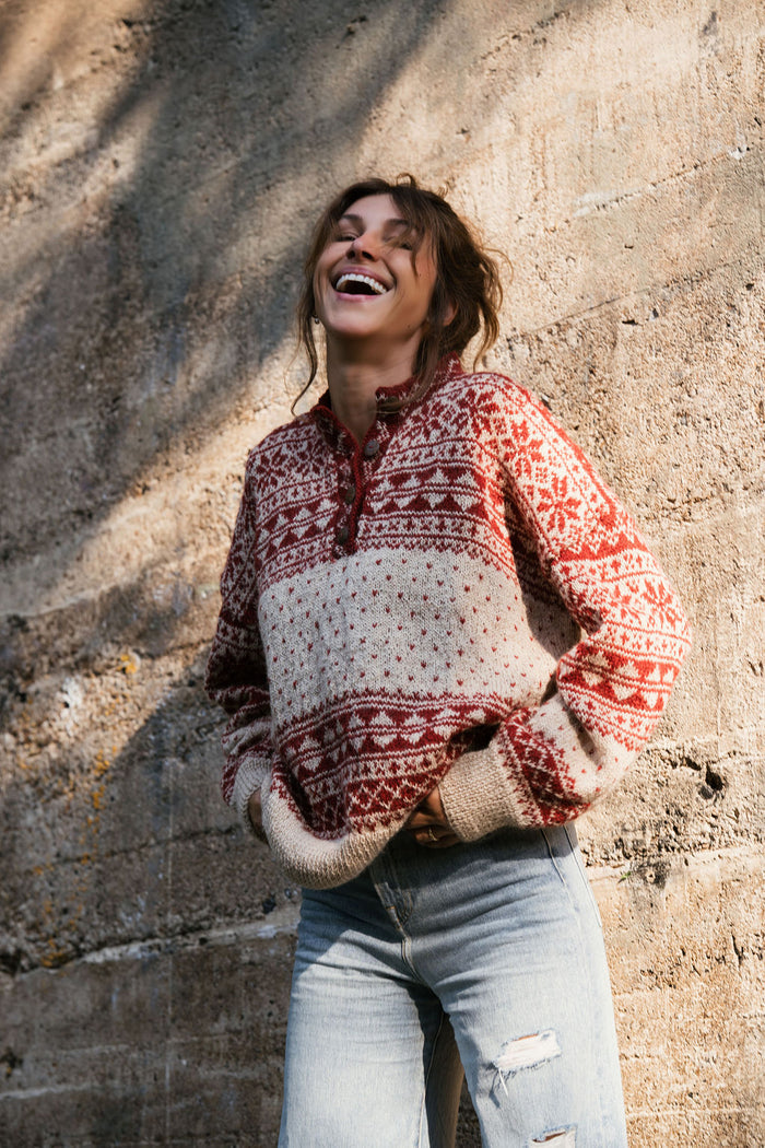 Imogene Oversized Wool Henley in Snowflake Print