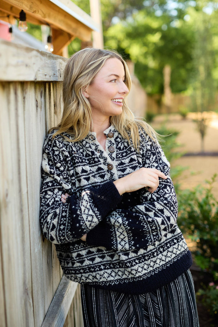Imogene Oversized Wool Henley in Snowflake Print