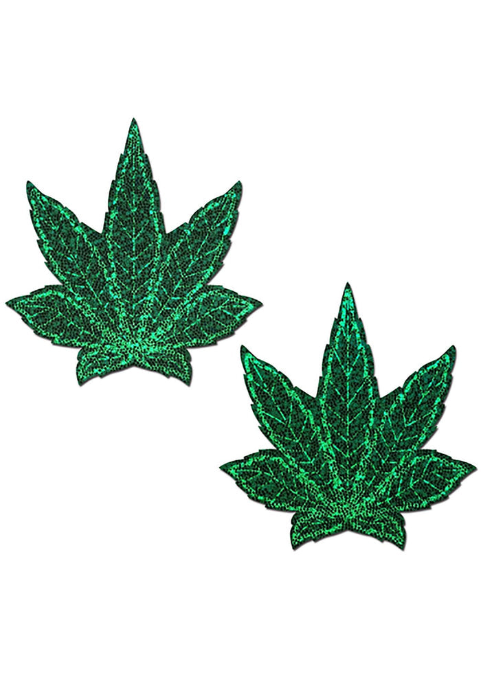 Pastease Indica Pot Leaf Glitter Weed Nipple Pasties in Green