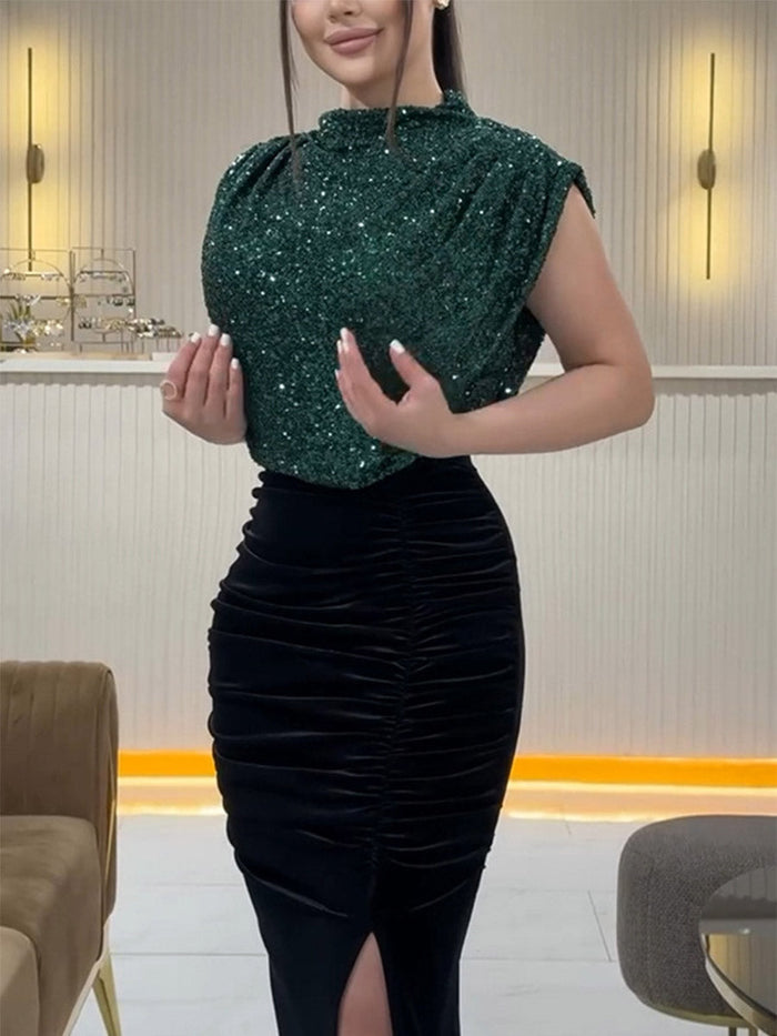 INS Inspired Sequin Dress - Sleeveless, Slit, and Stylish