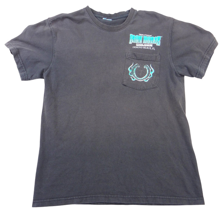 Iron Horse Saloon Ormond Beach FL Biker Pocket T-Shirt Mens Black Teal Graphic1