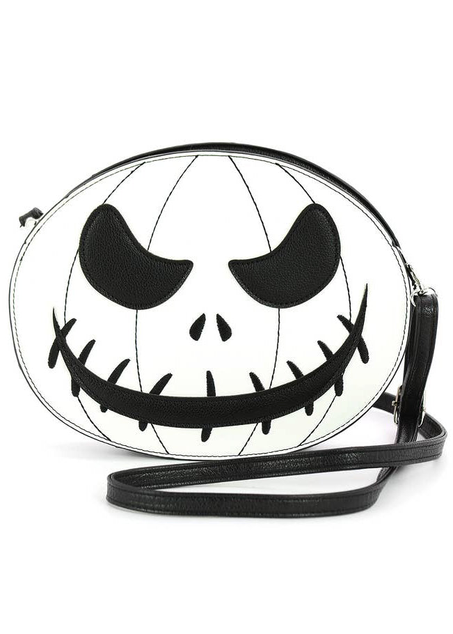 Sleepyville Critters Jack Double Expression Glow in the Dark Crossbody in black white with dual-sided Jack O'Lantern glow print on Halloween rave crossbody — front view