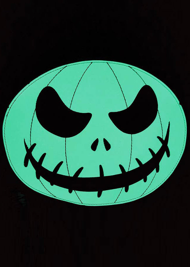 Sleepyville Critters Jack Double Expression Glow in the Dark Crossbody in black white with dual-sided Jack O'Lantern glow print on Halloween rave crossbody — flat front view