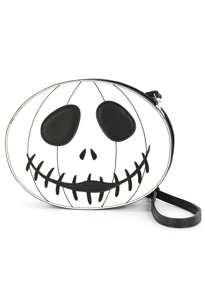 Sleepyville Critters Jack Double Expression Glow in the Dark Crossbody in black white with dual-sided Jack O'Lantern glow print on Halloween rave crossbody — back expression view