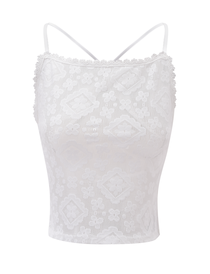 The JESIRA TOP - OFF WHITE by TIGERMIST is a white jacquard lace camisole with thin spaghetti straps, featuring floral and geometric patterns and scalloped lace trim on the neckline and sides, shown on a plain white background.
