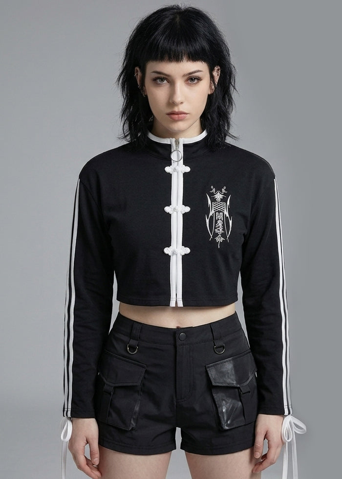 Resham Jirai Kei Cyber Kanji Crop Top in black with white kanji graphic and zip front on cropped top — front