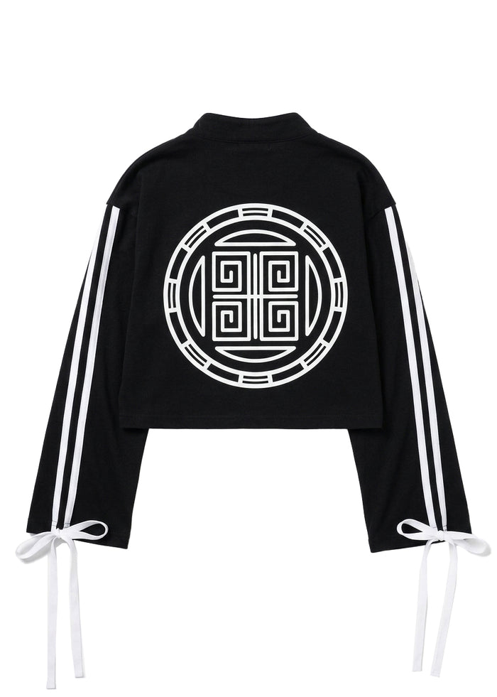 Resham Jirai Kei Cyber Kanji Crop Top in black with white circular kanji emblem print on cropped top — flat lay back