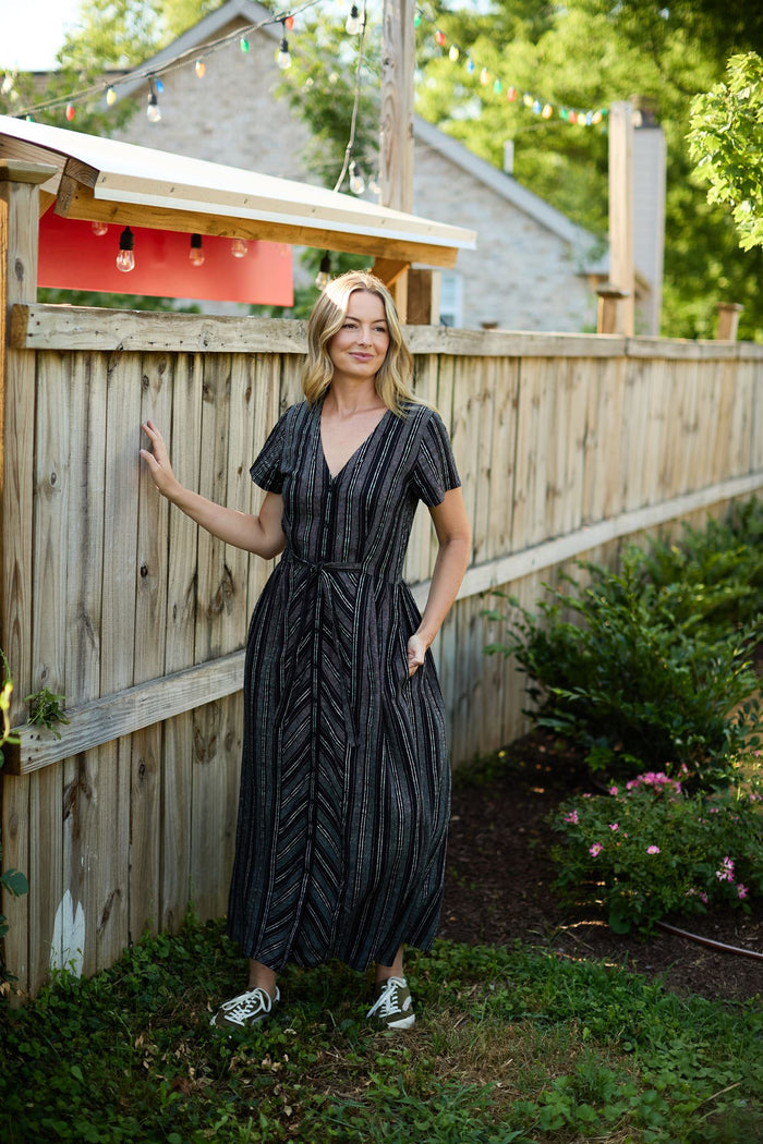 June Dress in Black and White Linen