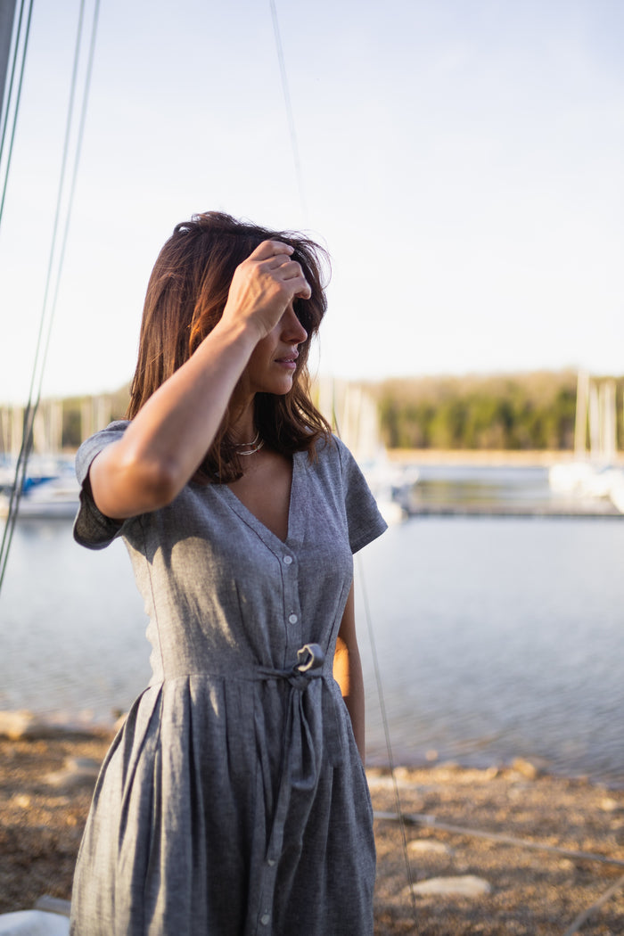 June Dress in Tiny Black and White Chambray Check