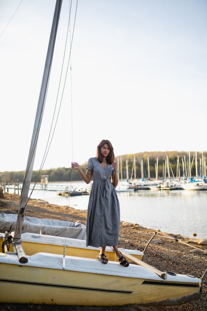 June Dress in Tiny Black and White Chambray Check