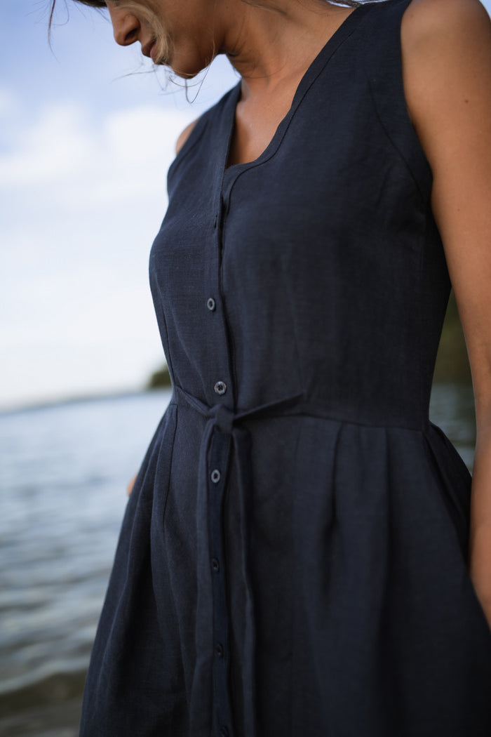 June Dress Sleeveless in Navy Linen - M Left