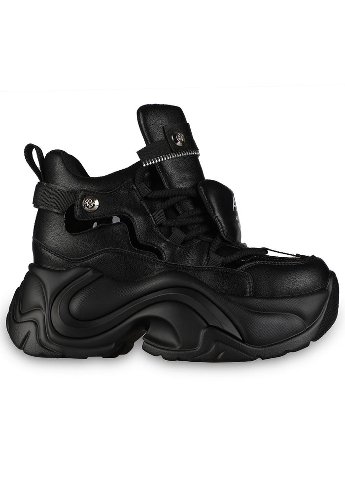 Side view of Anthony Wang JUPITER 04 Hack Mode Black platform sneakers featuring sleek black layered tech paneling and silver metal zipper accents on a high wedge sole