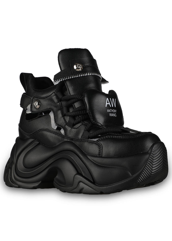 Front three-quarter view of Anthony Wang JUPITER 04 Hack Mode Black platform sneakers highlighting the secure rope-like lace-up front closure and sculptural molded black outsole